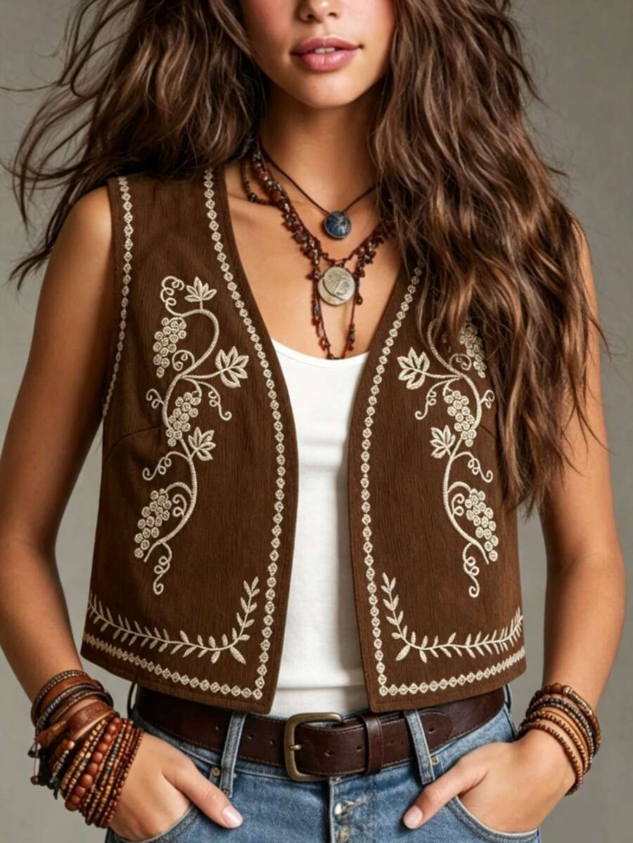 Franclia Jaket Kasual Serbaguna Wanita untuk Pemakaian Sehari-hari dengan Motif Bordir Tanaman - Coklat - View 1