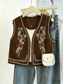 Franclia Jaket Kasual Serbaguna Wanita untuk Pemakaian Sehari-hari dengan Motif Bordir Tanaman - Coklat - View 3