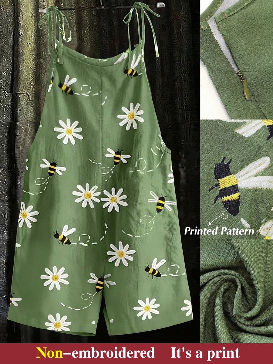Linhara Plus Size Women Floral & Bee Print Casual Versatile Daily Wear Jumpsuit - Green - View 1