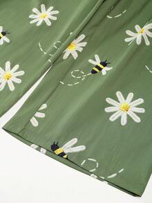 Linhara Plus Size Women Floral & Bee Print Casual Versatile Daily Wear Jumpsuit - Green - View 8