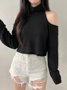 DAZY 女款素色露肩長袖休閒短版T恤 秋季 - 黑色 - 查看 3
