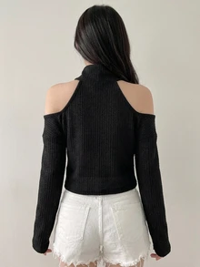 DAZY 女款素色露肩長袖休閒短版T恤 秋季 - 黑色 - 查看 10