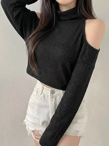 DAZY 女款素色露肩長袖休閒短版T恤 秋季 - 黑色 - 查看 4