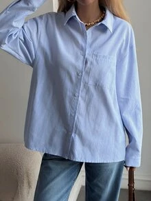 DAZY Women's Striped Loose Long Sleeve Collared Pocket Casual Formal Vacation Spring Autumn Blouse Shirt - Blue - View 3