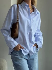 DAZY Women's Striped Loose Long Sleeve Collared Pocket Casual Formal Vacation Spring Autumn Blouse Shirt - Blue - View 5
