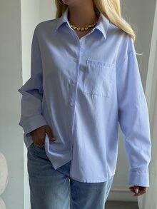 DAZY Women's Striped Loose Long Sleeve Collared Pocket Casual Formal Vacation Spring Autumn Blouse Shirt - Blue - View 4