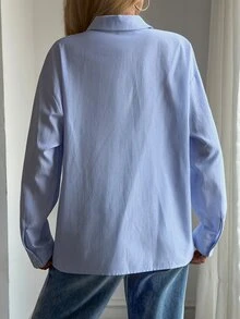 DAZY Women's Striped Loose Long Sleeve Collared Pocket Casual Formal Vacation Spring Autumn Blouse Shirt - Blue - View 6