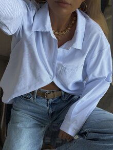DAZY Women's Striped Loose Long Sleeve Collared Pocket Casual Formal Vacation Spring Autumn Blouse Shirt - Blue - View 2
