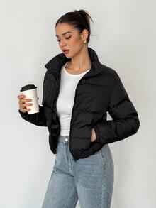 SHEIN Tall 短版女款冬季加厚外套黑色夾克，舒適秋冬女裝，適合高個女性 - 黑色 - 查看 10
