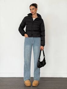 SHEIN Tall 短版女款冬季加厚外套黑色夾克，舒適秋冬女裝，適合高個女性 - 黑色 - 查看 6