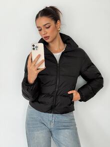 SHEIN Tall 短版女款冬季加厚外套黑色夾克，舒適秋冬女裝，適合高個女性 - 黑色 - 查看 1