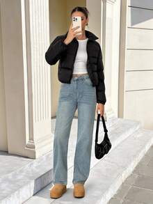 SHEIN Tall 短版女款冬季加厚外套黑色夾克，舒適秋冬女裝，適合高個女性 - 黑色 - 查看 4