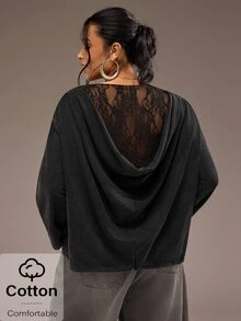 Freevana ملابس علوية علوية طويلة الأكمام بمقاس كبير، بياقة قارب، ظهر منسدل، بتصميم دانتيل زهري مرقع، بلون أسود مغسول بالحمض، بطراز عتيق، للخريف - الأسود - مشاهدة 4