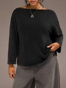 Freevana ملابس علوية علوية طويلة الأكمام بمقاس كبير، بياقة قارب، ظهر منسدل، بتصميم دانتيل زهري مرقع، بلون أسود مغسول بالحمض، بطراز عتيق، للخريف - الأسود - مشاهدة 7