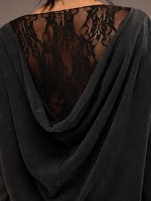 Freevana ملابس علوية علوية طويلة الأكمام بمقاس كبير، بياقة قارب، ظهر منسدل، بتصميم دانتيل زهري مرقع، بلون أسود مغسول بالحمض، بطراز عتيق، للخريف - الأسود - مشاهدة 9