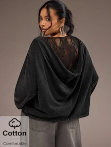 Freevana ملابس علوية علوية طويلة الأكمام بمقاس كبير، بياقة قارب، ظهر منسدل، بتصميم دانتيل زهري مرقع، بلون أسود مغسول بالحمض، بطراز عتيق، للخريف - الأسود - مشاهدة 2