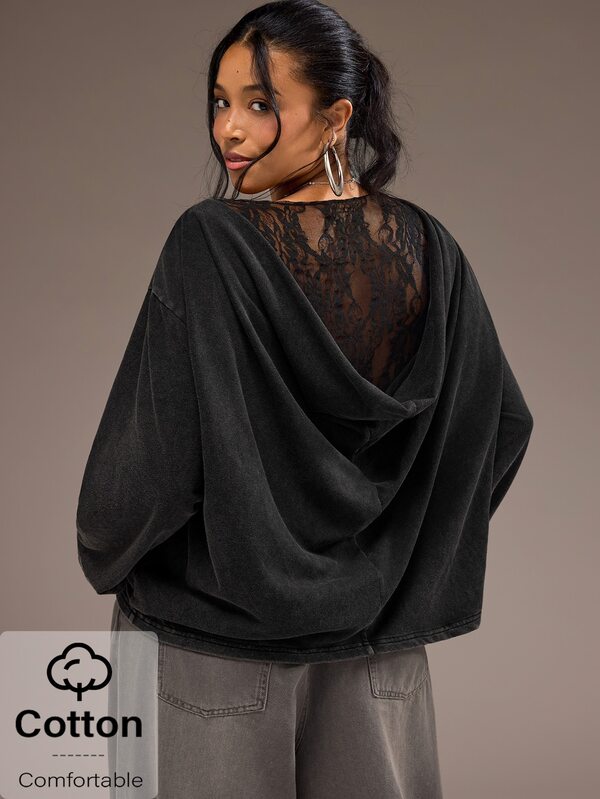 Freevana Vintage Acid Wash Black Boat Neck Floral Lace Patchwork Cowl Back Plus Size Long Sleeve Top Fall