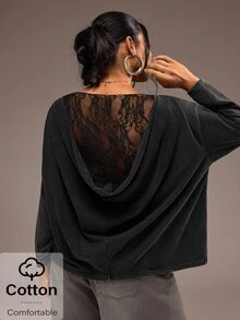 Freevana ملابس علوية علوية طويلة الأكمام بمقاس كبير، بياقة قارب، ظهر منسدل، بتصميم دانتيل زهري مرقع، بلون أسود مغسول بالحمض، بطراز عتيق، للخريف - الأسود - مشاهدة 5