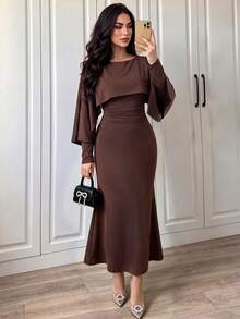 SHEIN Clasi Women's 2026 Autumn/Winter Elegant Shawl Design Long Sleeve Dress - Coffee Brown - View 1