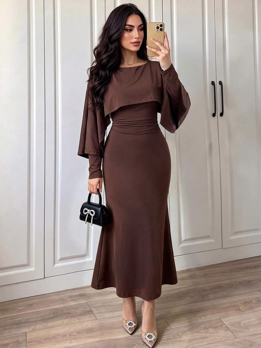 SHEIN Clasi Women's 2026 Autumn/Winter Elegant Shawl Design Long Sleeve Dress - Coffee Brown - View 1