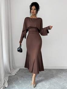 SHEIN Clasi Women's 2026 Autumn/Winter Elegant Shawl Design Long Sleeve Dress - Coffee Brown - View 4