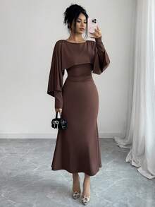 SHEIN Clasi Women's 2026 Autumn/Winter Elegant Shawl Design Long Sleeve Dress - Coffee Brown - View 7