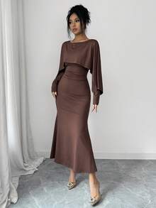 SHEIN Clasi Women's 2026 Autumn/Winter Elegant Shawl Design Long Sleeve Dress - Coffee Brown - View 3