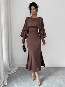 SHEIN Clasi Women's 2026 Autumn/Winter Elegant Shawl Design Long Sleeve Dress - Coffee Brown - View 5