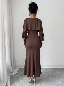 SHEIN Clasi Women's 2026 Autumn/Winter Elegant Shawl Design Long Sleeve Dress - Coffee Brown - View 2