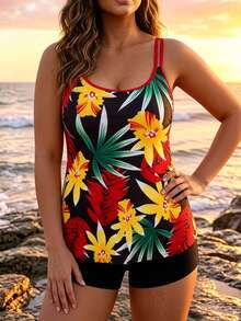 SHEIN Swim 大尺碼女款熱帶植物印花休閒細肩帶泳裝洋裝附泳褲短褲 - 彩色 - 查看 3