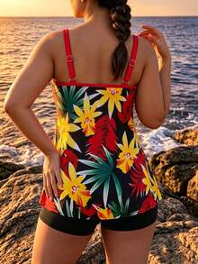 SHEIN Swim 大尺碼女款熱帶植物印花休閒細肩帶泳裝洋裝附泳褲短褲 - 彩色 - 查看 2