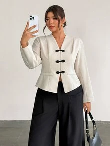 Firerie Plus Size Vintage Smart Business Casual Frog Button Long Sleeve Blazer Elegant Office Formal High Tea Work Suit Women Fall Graduation Black And White - Apricot - View 4