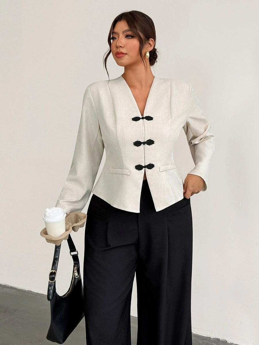 Firerie Plus Size Vintage Smart Business Casual Frog Button Long Sleeve Blazer Elegant Office Formal High Tea Work Suit Women Fall Graduation Black And White