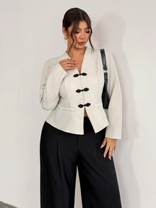 Firerie Plus Size Vintage Smart Business Casual Frog Button Long Sleeve Blazer Elegant Office Formal High Tea Work Suit Women Fall Graduation Black And White - Apricot - View 6