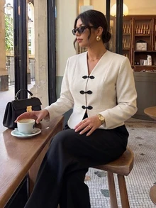 Firerie Plus Size Vintage Smart Business Casual Frog Button Long Sleeve Blazer Elegant Office Formal High Tea Work Suit Women Fall Graduation Black And White - Apricot - View 9