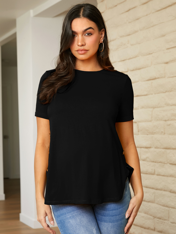SHEIN Maternity Side Button Detail Split Hem Wide Neck World Cup Loose T-Shirt - Black - View 5