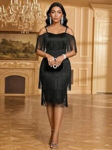 SHEIN Lady Women's Summer Off-Shoulder Spaghetti Strap Tassel Solid Color Midi Dress - Black - View 7
