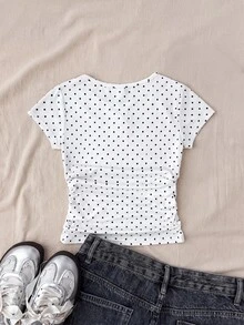 SHEIN Teen Girl White Knitted Casual Minimalist Polka Dot Print Fitted Waist Ruched Short Top, Suitable For Spring/Summer, Casual, Personalized Outfit, Random 3 Items Send 1 Item - Black and White - View 2