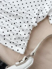 SHEIN Teen Girl White Knitted Casual Minimalist Polka Dot Print Fitted Waist Ruched Short Top, Suitable For Spring/Summer, Casual, Personalized Outfit, Random 3 Items Send 1 Item - Black and White - View 6