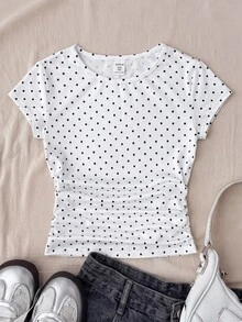 SHEIN Teen Girl White Knitted Casual Minimalist Polka Dot Print Fitted Waist Ruched Short Top, Suitable For Spring/Summer, Casual, Personalized Outfit, Random 3 Items Send 1 Item - Black and White - View 3