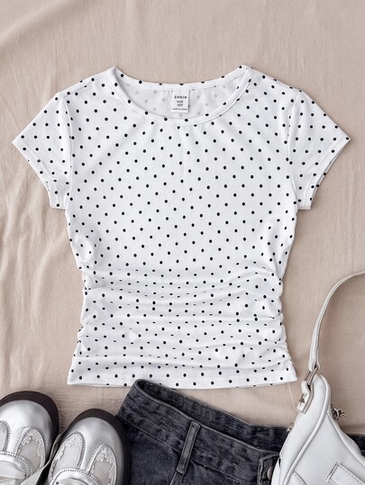 SHEIN Teen Girl White Knitted Casual Minimalist Polka Dot Print Fitted Waist Ruched Short Top, Suitable For Spring/Summer, Casual, Personalized Outfit, Random 3 Items Send 1 Item