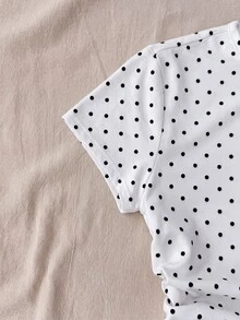 SHEIN Teen Girl White Knitted Casual Minimalist Polka Dot Print Fitted Waist Ruched Short Top, Suitable For Spring/Summer, Casual, Personalized Outfit, Random 3 Items Send 1 Item - Black and White - View 5