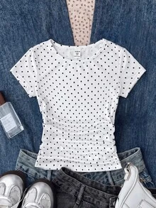 SHEIN Teen Girl White Knitted Casual Minimalist Polka Dot Print Fitted Waist Ruched Short Top, Suitable For Spring/Summer, Casual, Personalized Outfit, Random 3 Items Send 1 Item - Black and White - View 8