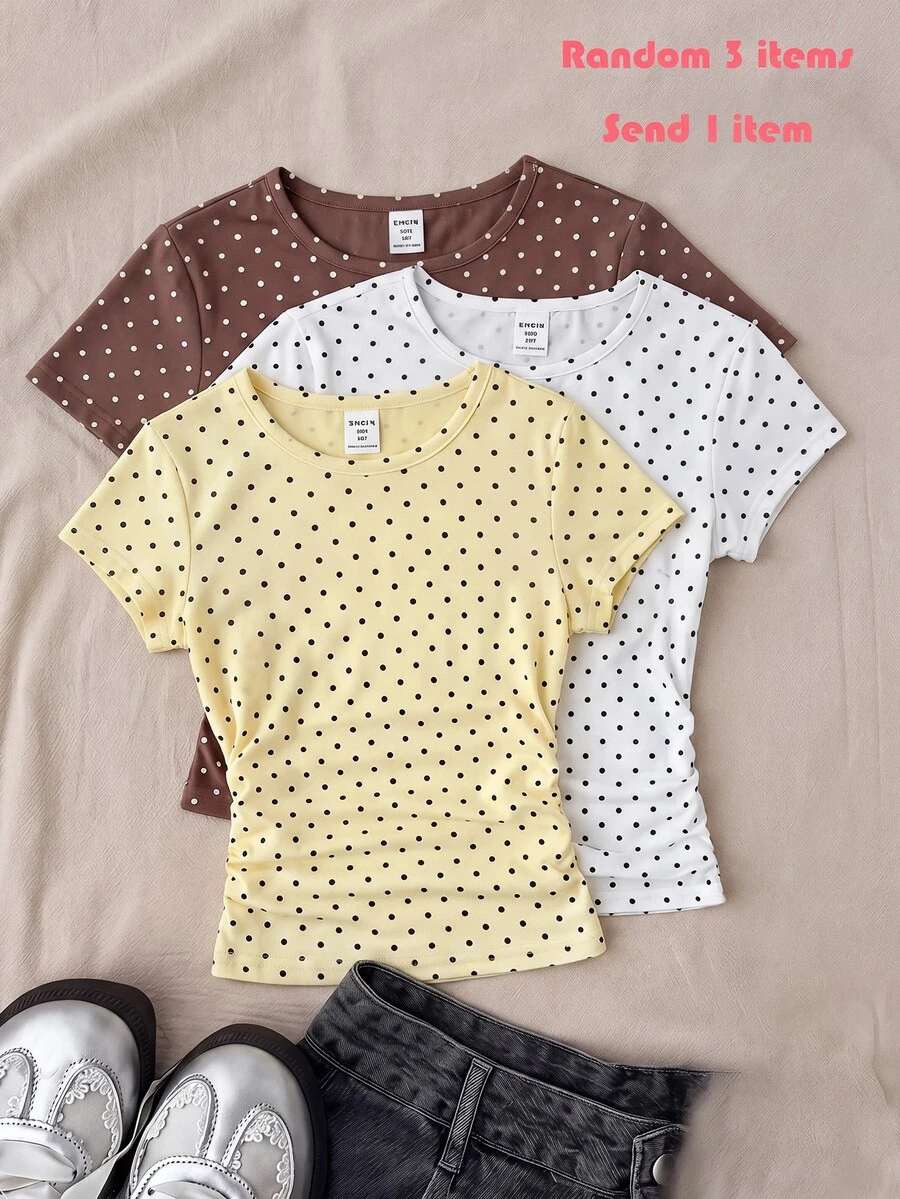 SHEIN Teen Girl White Knitted Casual Minimalist Polka Dot Print Fitted Waist Ruched Short Top, Suitable For Spring/Summer, Casual, Personalized Outfit, Random 3 Items Send 1 Item - Black and White - View 1