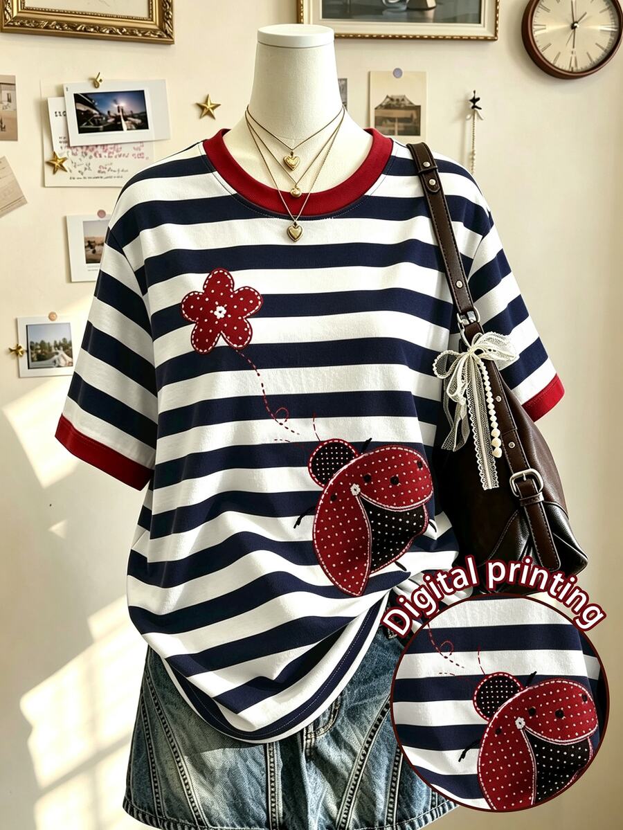 Resyla Retro Navy And White Striped Short-Sleeve T-Shirt With Red Piping For Women, Summer New Style With Fun Ladybug And Flower Appliqu Embroidery, Regular - Royal Blue - View 1