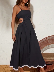 Travachic Women's Solid Color Side Cutout Design Spaghetti Strap Dress Beach Party Club Black And White Summer Sexy - Black - View 6