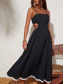 Travachic Women's Solid Color Side Cutout Design Spaghetti Strap Dress Beach Party Club Black And White Summer Sexy - Black - View 7