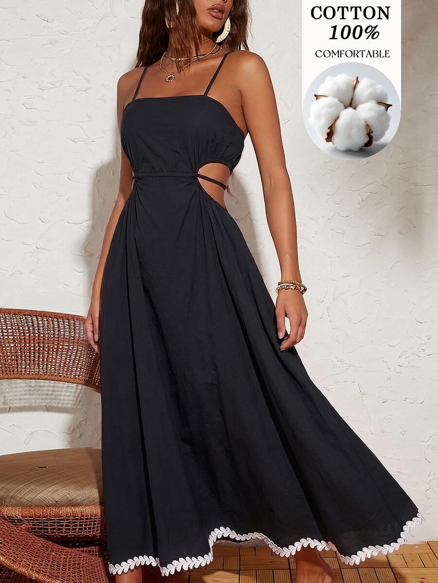 Travachic Women's Solid Color Side Cutout Design Spaghetti Strap Dress Beach Party Club Black And White Summer Sexy - Black - View 1