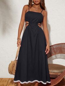 Travachic Women's Solid Color Side Cutout Design Spaghetti Strap Dress Beach Party Club Black And White Summer Sexy - Black - View 4