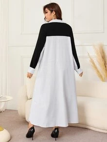 Lacomfia Plus Size Women's Patchwork Striped Long Sleeve Casual Dress - Black and White - View 2